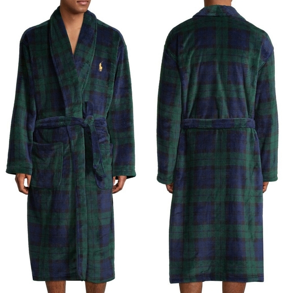 Polo Ralph Lauren Plaid Shawl Collar Blackwatch Tartan Plush Robe Size Small - Picture 1 of 12